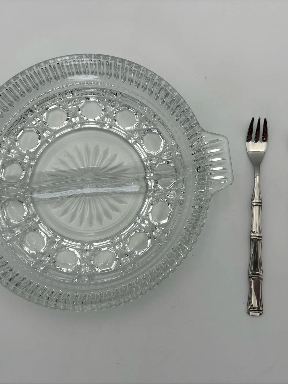 Vintage Federal Glass Windsor Pattern Divided Serving Bowl with Handle - 2 Forks